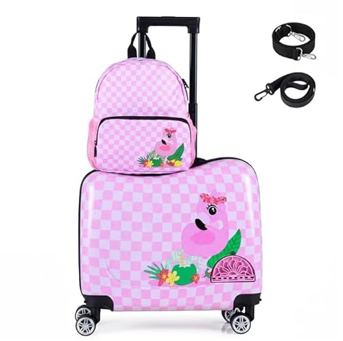 COSTWAY 2tlg Kinderkoffer + Rucksack, 12+18 Kindertrolley mit Rollen & wasserdichter Hartschale, Kindergepäck mit Tragegurt, Seil & Fußstützen, Rollkoffer für Kinder (Flamingo, gerader Griff)