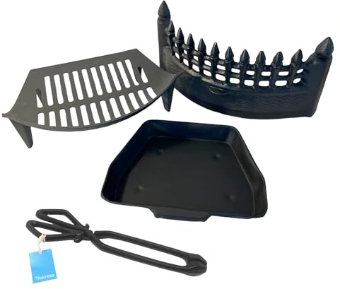 Premium 16 Cast Iron FIREPLACE GRATE SET – Castle Front Design with Ash Pan & Log Tongs