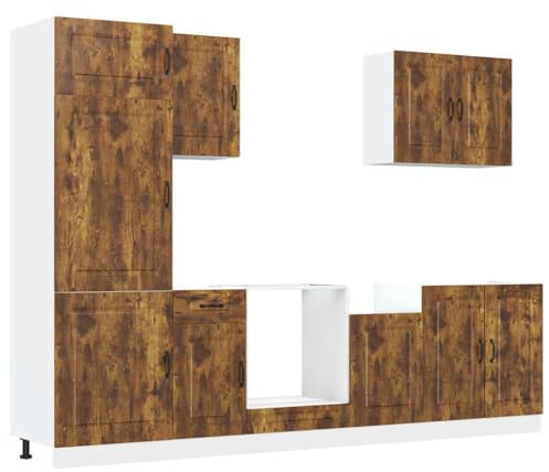 WRJENFSC Juego de 7 muebles de cocina Kalmar en roble ahumado, de madera resistente, muebles de cocina con espacio de almacenamiento, incluye armarios colgantes, fregadero y armario para horno
