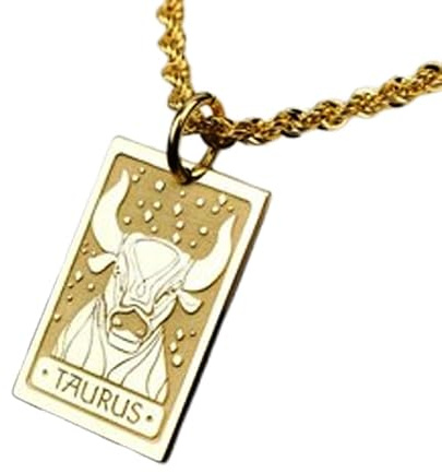 Collar con colgante del signo zodiacal Tauro en relieve, fabricado en plata de ley 925 con baño de oro, cadena de eslabones de 45 cm (18), dije rectangular para joyería unisex | WW_EMBO_00419