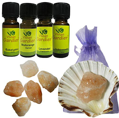 Aromatherapie EUKALYPTUS + LAVENDEL + FICHTENNADEL + BLUTORANGE ÖL Set 12 teilig: 4 x NATURREINES ätherisches Öl a 10ml + 6 x Salz Kristalle + Muschel + Säckchen. 50000