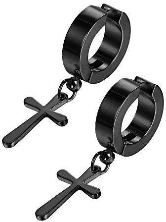 JewelryWe Schmuck Unisex Creolen Ohrringe Edelstahl Kreuz Ohrhänger ohne Loch Fake Ohrstecker Ohrclips Klappcreolen Huggie, Silber Gold Schwarz