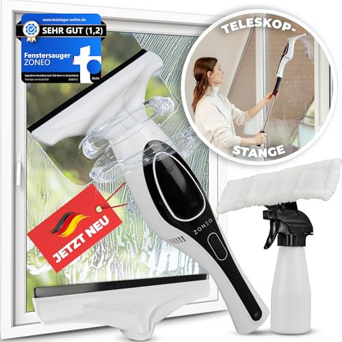 ZONEO Fenstersauger | Fensterputzer Set für streifenfreies Fensterputzen - Fensterreiniger elektrisch für Fenster, Spiegel, Fliesen etc. (inkl. Zubehör)