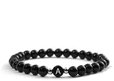 BERGERLIN Pärchen Armband Schwarz Damen Herren, Naturstein, Buchstabe | Pärchen Armband Schwarz mit Buchstabe: Partner & Initialen Armband, Naturstein – vom deutschen Prüflabor bestätigt.