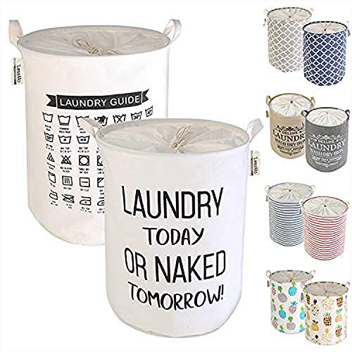 LessMo 2 Piezas de 17.7 Lazo de la Cesta de lavadero de Almacenamiento Clasificador, Plegable Pop-Up de lavandería Cestas, Impermeable Redondo de algodón de Lino (Blanco Espesada 17,7 / Medio)