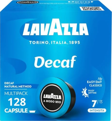 Lavazza A Modo Mio Dek cremoso, 128 cápsulas de café, para un espresso descafeinado con notas de almendras y confitadas, 100% arábica, intensidad 7/13, tostado medio, 8 paquetes x 16 cápsulas