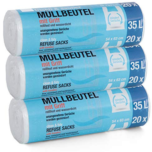 60 Stück Müllbeutel Premiumline: 35 Liter, 3er Pack, Größe: 54 x 63 cm - Besonders reißfest und wasserdicht - Mit Trage-Griff/Henkel