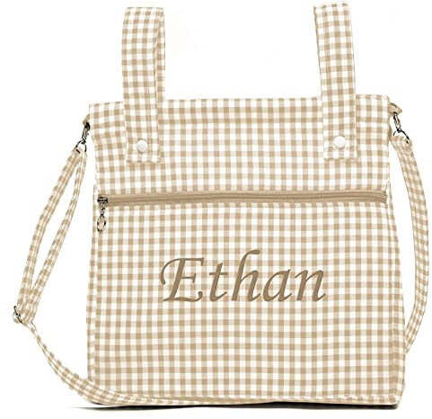 Bolsa panera de algodón vichy personalizada con nombre bordado - Bolso carro - Talega carrito de bebé - Nenel (Arena)