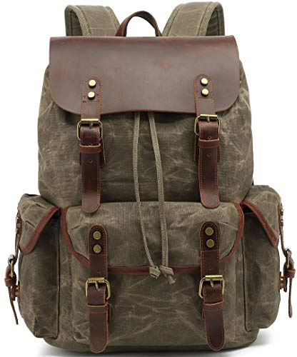 HuaChen Vintage vaxad kanvasryggsäck med äkta läderklaff, resor och arbetsryggsäck, Armégrönt, X-Large, Ryggsäckar