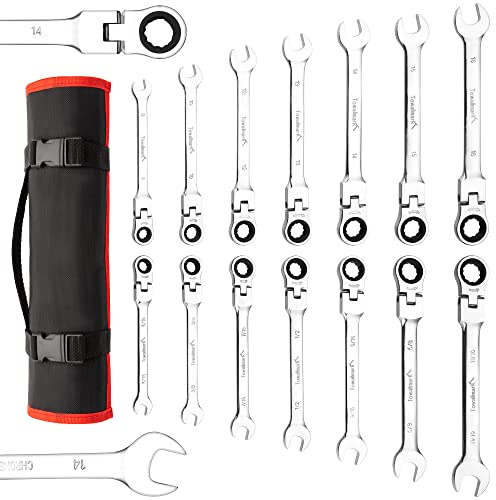 Towallmark 14 CR-V 14 piezas métricas y pulgadas cabeza móvil cabeza fija trinquete llave conjunto 14 piezas