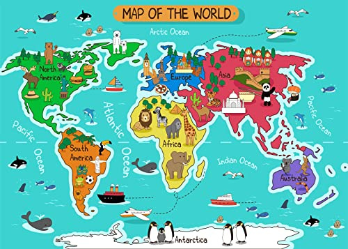 CORFOTO 7x5ft Sfondo della mappa del mondo dei cartoni animati Continenti dei cartoni animati Animali Sfondo della mappa dei punti di riferimento Fondali educativi per bambini Servizio fotografico