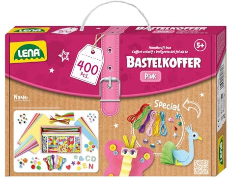 Lena 42714 - Maletín para manualidades, material para manualidades con papel colorido,goma musgo,limpiador de pipas, pedrería, ojos, pompones, botones y más,para niños a partir de 5 años,rosa y morado