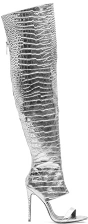 WOilERQ Unisex Herren Damen Nachtclub Pole Dance Heels Overknee Stiefel mit offener Spitze Stiletto High Heel Oberschenkelhohe Stiefel Fashion Sexy Snake Print Tall Boots,Silber,43