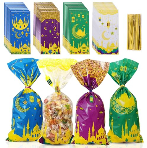 Eid Mubarak-presentpåsar, ramadan-godispåse, goodiebag i klar cellofanplast med 100 förslutningsclips, Eid Mubarak-party-presentpåsar, presentförpackning för festdekoration