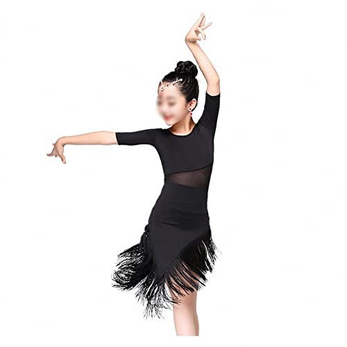MAOTN Costumes de Danse Latine pour Enfants, Robe d'entraînement de compétition Latine à Manches Courtes pour Filles, Jupe à Franges de tempérament élégante, Respirante,Black,150cm