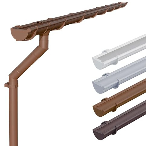 INEFA kit de canalón PVC NW125 / 125 mm semicircular marrón 4 m – set de canalón y bajante DN100 para caseta de jardín y cochera