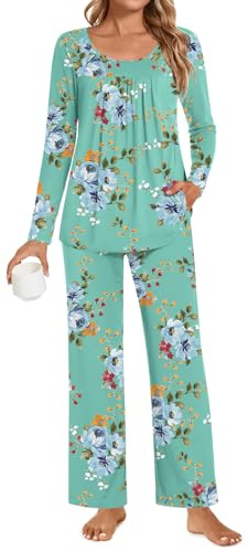 POPYOUNG Plus Size Ladies Pyjamas 2 Piece Pjs for Women Sets Fall-Winter Long Sleeve Lounge Sets Long Pants Sleepwear XL, Mint Green