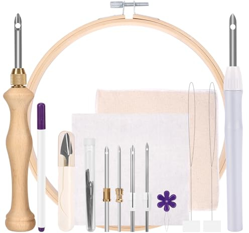 Pllieay Kit med 23 delar, stansningsnål, 2 typer hålnålssatser för vuxna, nybörjare, matttuftningskit, justerbar matta garnstans nål trä och plasthandtag broderipenna för broderi, tandtråd kors stit