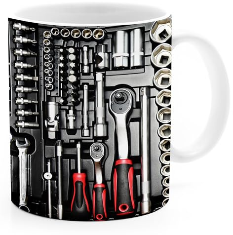 MoonWorks® Kaffee-Tasse Bedruckt Werrkzeug Fotoprint Toolbox Geschenk für Männer Handwerker KFZ Mechaniker Schrauber Weiss standard