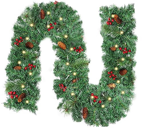 JOFONY Weihnachtsgirlande mit Beleuchtung Deko,50 LEDs 2,7m Tannengirlande Batterie Warmweiß Weihnachten Lichterketten mit Tannenzapfen Beeren,Weihnachten Girlande Weihnachtsdeko für Innen Außen
