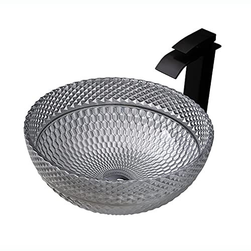 CLLBANT Glas-Waschbecken, rundes Badezimmer-Waschbecken, silbernes künstlerisches Waschbecken, Aufsatz-Waschtisch-Waschbecken mit Pop-Up-Ablauf, Montagering (Waschbecken mit schwarzem Wass