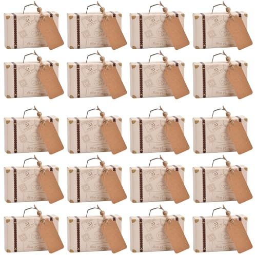 Shengxi 50 Stück Mini Koffer Gastgeschenke Hochzeitsbox, Vintage Kraftpapier Reisekoffer Geschenkbox mit Tags und Sackleinen Schnur für Hochzeit Geburtstag Taufe Babyparty Baby Shower 8 × 5 × 3cm
