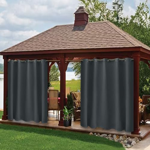 Hiseng wasserdichte Vorhänge Outdoor, Outdoorvorhänge Wetterfest Blickdicht Verdunkelungsvorhang mit Ösen 1 Stück Sichtschutz Sonnenschutz Vorhang für Garten Balkon (132x160cm,Dunkelgrau)
