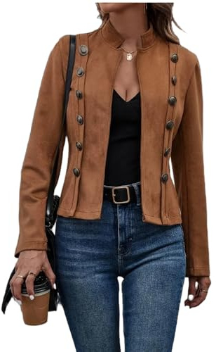 Molilove Women Faux Suede Cropped Jacket Solid Double Breasted Jacket Long Sleeve Deerskin Vintage Coat Casual Outerwear 2025