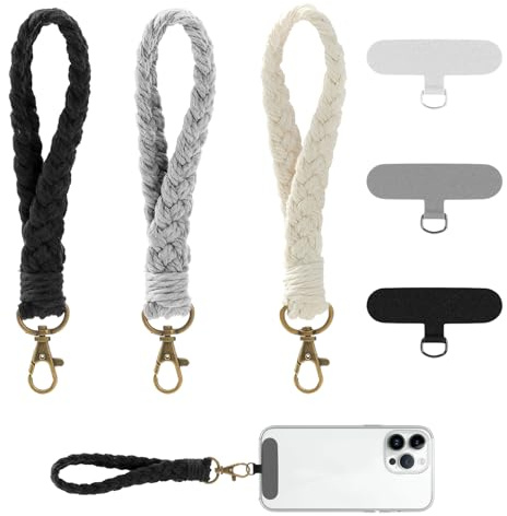 Qianeffort Phone Wrist Strap, 3-Pack with Tether Tabs, Bohemian Style, Cotton, White, Gray, Black