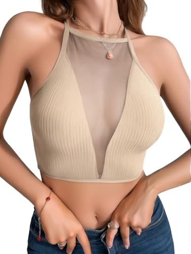 Weardear Ladies Crop Top Sexy Lace Camisole Tank Tops Basic Spaghetti Strap Cami Shirt Transparent Tulle Summer Sleeveless Tube Tops Marrone Chiaro L