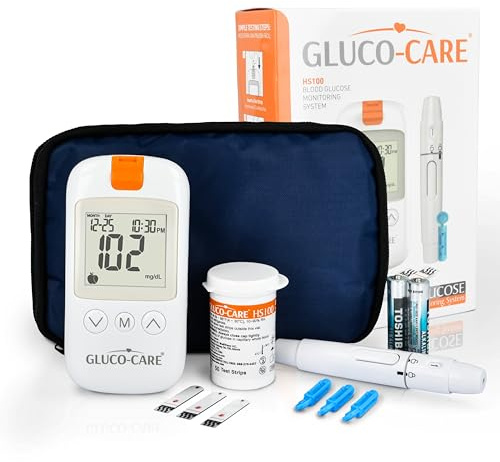 GLUCO-CARE Gluco-Care Glucose Monitor Kit - Sleek White Design, Clear Display, Auto Calibration, Glucometer Kit with Strips and Lancets, 5 Sec Results, 500 Memory, Travel Case, 1 Lancing Device, Convenient Blood Surgar Testing for Diabetes