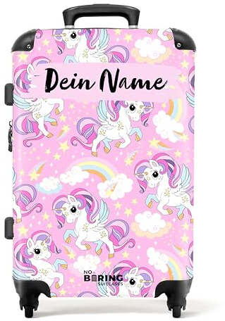 NoBoringSuitcases© Kinderkoffer Mädchen, Koffer Personalisiert, Koffer | 72 L - Groß, TSA, Reisetrolley, Koffer 20kg Gepäck, Koffer Mittelgroß (Bunte Einhörner, Regenbögen und Sterne - Rosa, 67 cm