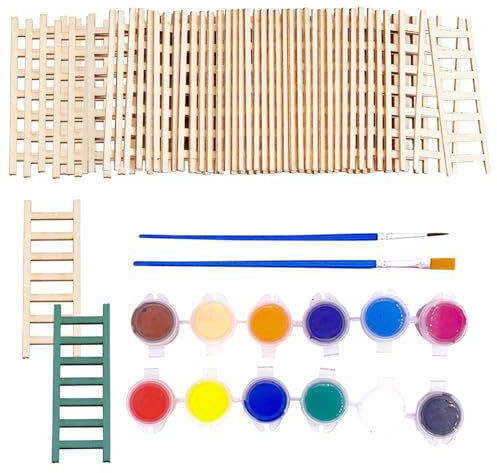 LSYYSL 50-Piece Mini Ladder, With 12 Colors Of Paint And 2 Brushes, Doll House Decoration, Wooden Ladder, Potted Plant Landscaping Ornaments