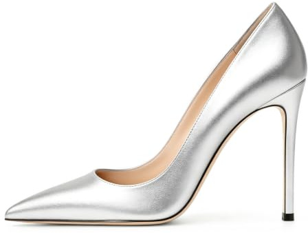 EDEFS Décolleté Donna in Pelle con Tacco a Spillo 10 cm Scarpe Eleganti a Punta Affusolata per Ufficio e Occasioni Formali Argento EU35
