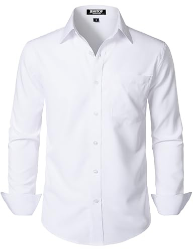 JEMITOP Men's Stretch Regular Fit Long Sleeve Dress Shirts Formal Wedding Prom Business Casual Button Down Up Shirts with Pocket White L