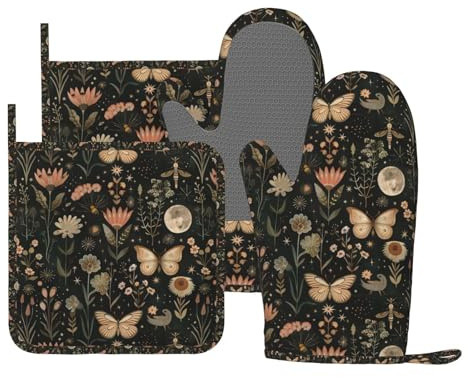 Oven Mitts Pot Holders Set Vintage Butterfly Moon Flower Silicone Kitchen Gloves Potholders Heat Resistant for Chef Baking Cooking Grilling BBQ 4 Pack Mitt