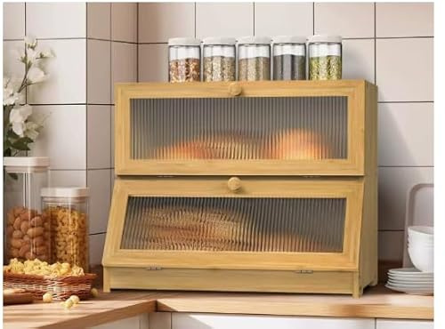 OHMG Boîte à pain en bambou, Bois Grande Capacité Boîte Boîte de rangement, Pour pain, pain grillé, Huche a Pain pour Cuisine Countertop Double Couche Empilable
