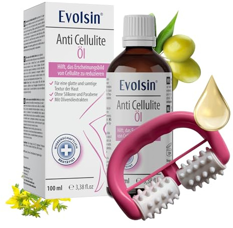 Evolsin® Anti Cellulite Öl 100ml + Massageroller | Ergänzung zu Sport & Ernährung, Sichtbare Ergebnisse nach 4-6 Wochen, 99% Natürlich mit Olive & Johanniskraut, Inkl. Roller