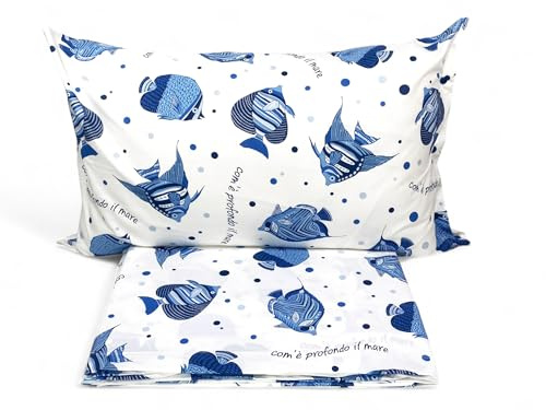 Tex family Completo Letto Cotone “Com’è Profondo il Mare” - Lenzuola Estive con Pesci Blu - Design Marinaro Made in Italy - Una Piazza