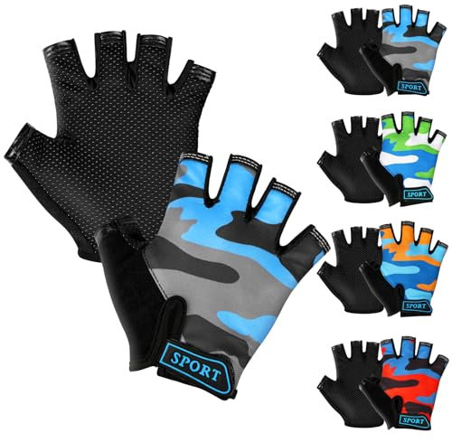 AMFUN Kinder Halbfinger Fahrradhandschuhe, Fingerlose Radsport Handschuhe für Kinder, rutschfest&Atmungsaktiv für Radfahren, Klettern, Skaten, Bootfahren (Camouflage Grau)