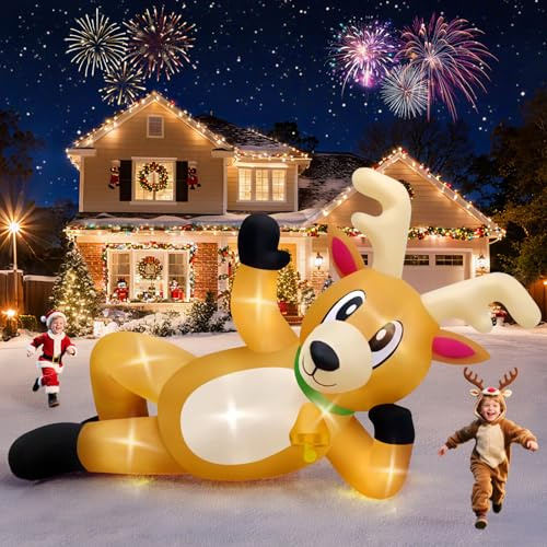 Kalolary 10 FT Aufblasbarer Weihnachtsmann Dekorationen, Liegendes Rentier Aufblasbare Weihnachts Outdoor Innen Dekorationen für Rasen Partys Weihnachtsdekorationen