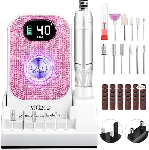 Trapano per unghie professionale 40000 giri/min, lima per unghie elettrica Urbuti 12 in 1 4000 mAh con display LCD (Bianco con diamanti)