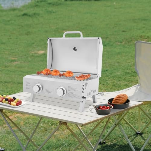 ROMYIX Tischgasgrill mit 2 Edelstahl-Brennern (4,7 kW) – Tragbarer Gasgrill für Balkon, Camping & Garten, 46x35cm Grillfläche, inkl. Thermometer & Pizza-Stein – Rost & Deckel aus 304 Edelstahl