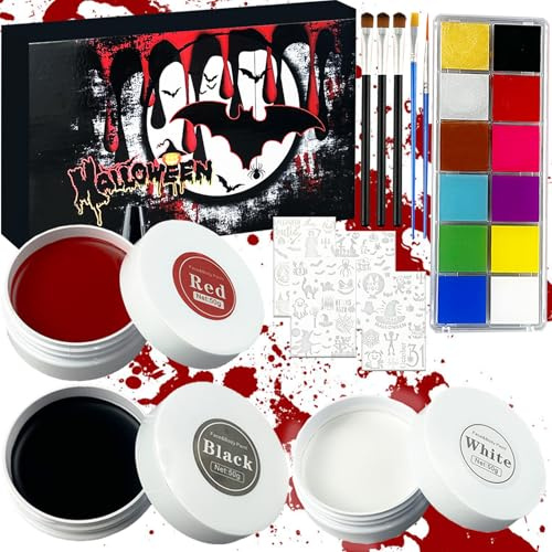 magnetspiele 13 Pcs Halloween Schminke Schwarz Weiß Rot, Halloween Schminke Erwachsene Kinder Set, Waschbar Face Paint Bodypaint Schminkset für Zombies, Vampire, Monster, Cosplay