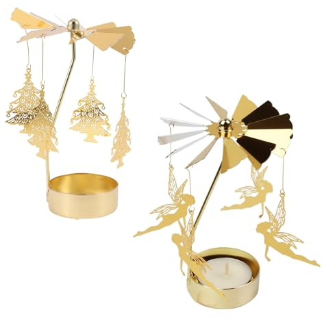 CATELL 2 Stück Teelicht Karussell, Teelicht Karussell Weihnachten Rotierender Kerzenhalter Goldener Teelichthalter Karussell mit Fantasie Fee für Valentinstag Halloween Weihnachten Hochzeit Geburtstag