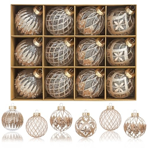 Dremisland 12 Pezzi Palline di Natale Champagne Grandi 8cm Palle di Natale Infrangibili Palline Albero Natale Addobbi Natalizi con Glitter Ornamenti Decorativi per Decorazioni Natalizie Feste Nozze
