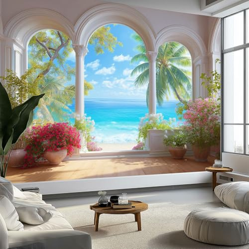 Naturaleza Papel Pintado Efecto 3D 200 x 140 cm, Papel tapiz fotográfico Playa Palmeras Plantas Verdes Flores Fotomurales Pared Tejido No Tejido Moderna Decoración De Pared Sala Cuarto Oficina Salón