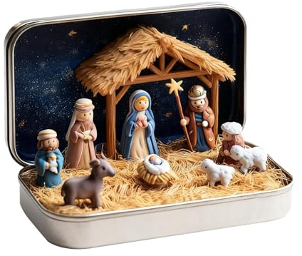 Zegaqae Miniature Christmas Nativity Set In A Tin Box, Weihnachtsdekoration Krippendekor, Für Büro, Wohnzimmer, Eingang, Arbeitszimmer, Bücherregal, Kirche, Familientreffen