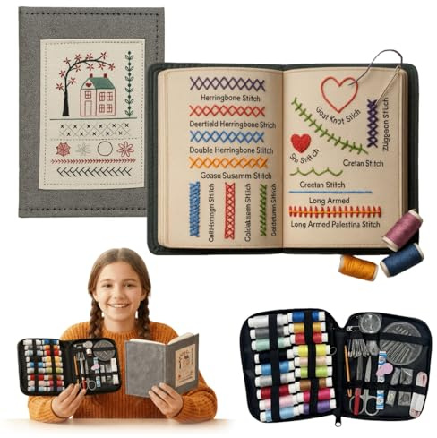 punchora DIY Embroidery Stitch Book – Libro de bordado para principiantes con 60+ diseños, cuaderno textil con páginas de tela, kit completo con aguja hilo tijeras enhebrador, guía paso a paso