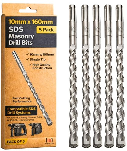 Inbrackets SDS Plus Steel Masonry Drill Bit Set, 10mm x 160mm, Tungsten Carbide-Tipped, Drill bit for Masonry, Concrete, Brick Wall, Cement, Stone Pack of 5